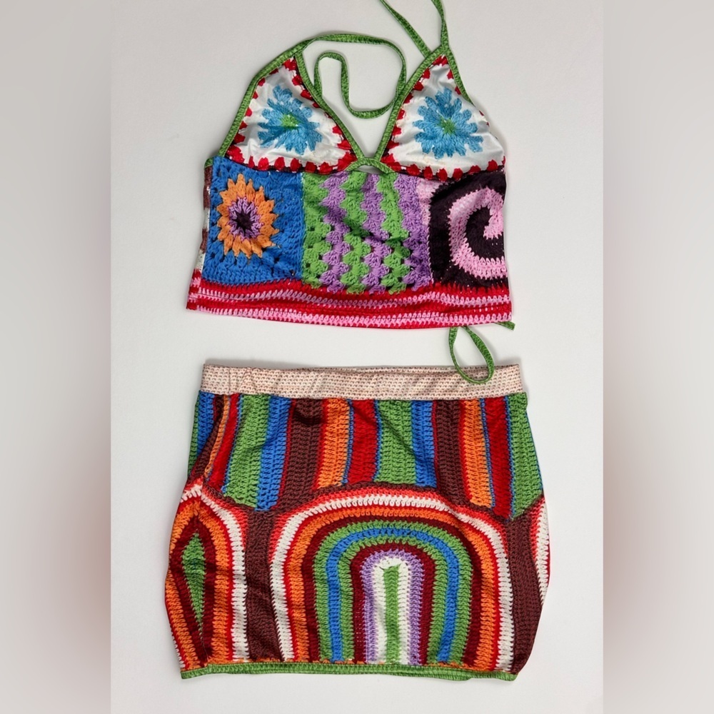 Micas Women's Crochet Print Halter Top & Skirt Set